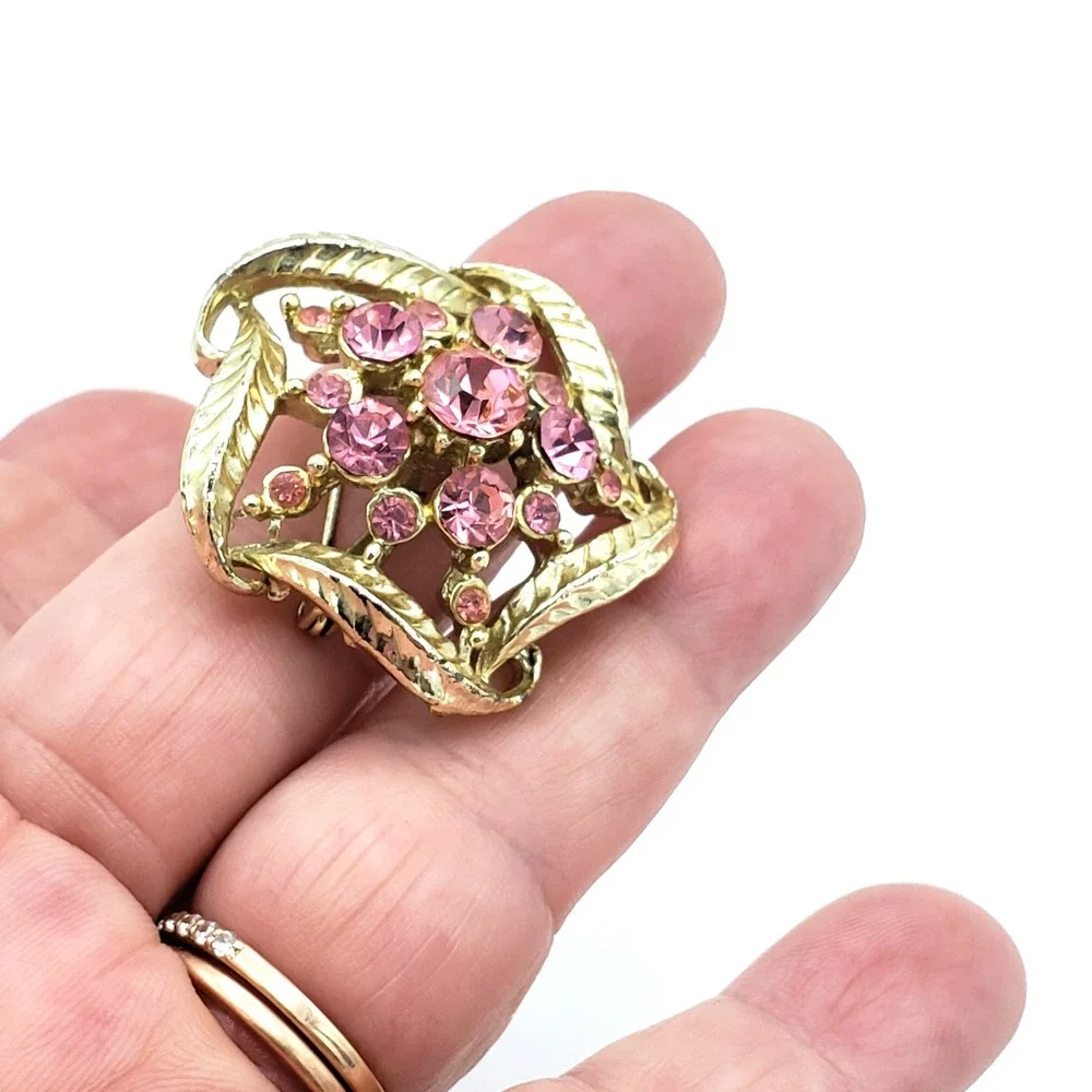 Pink Rhinestone Brooch‎ Pin Leafs 1.25